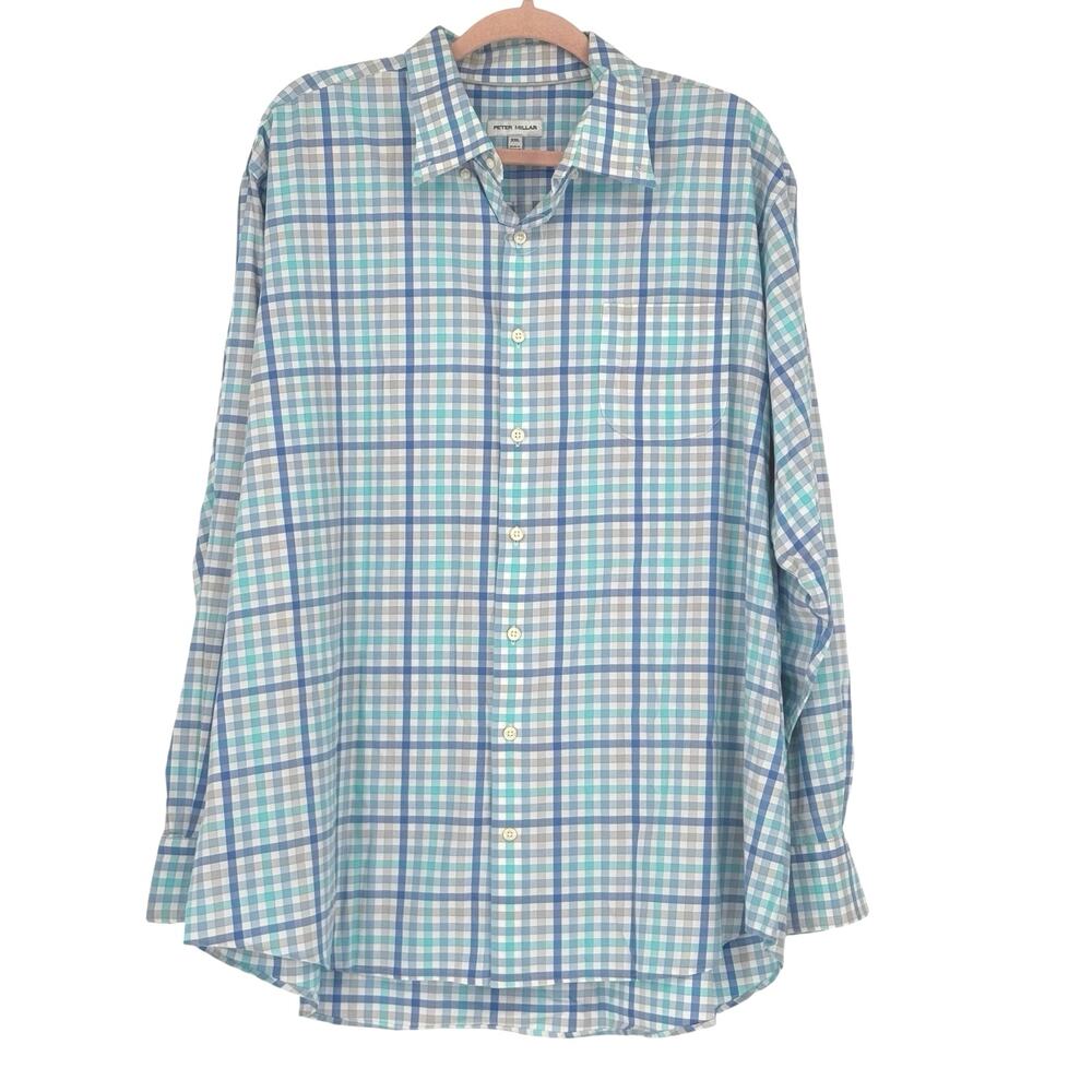 Peter Millar Men’s Walker Cotton Stretch Sport Shirt LS Blue Plaid XXL